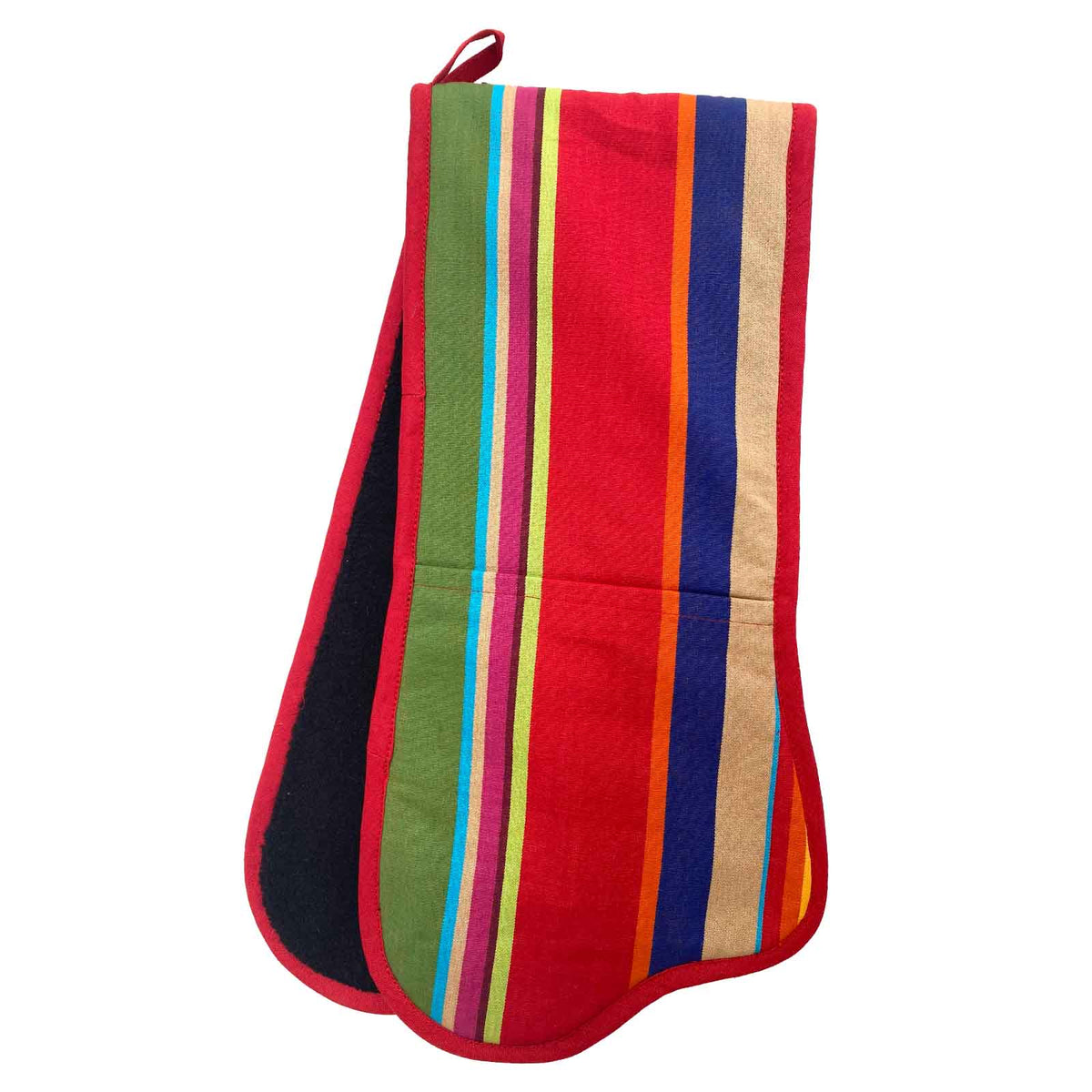 striped double oven mitt with a black towelling lining, featuring vertical stripes in red, blue, beige and green with a red border.