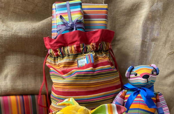 drawstring toy sack red stripe