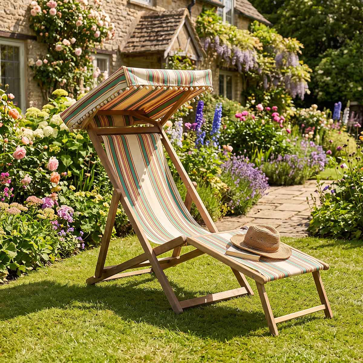 Edwardian style deckchair with canopy and footstool in a garden
