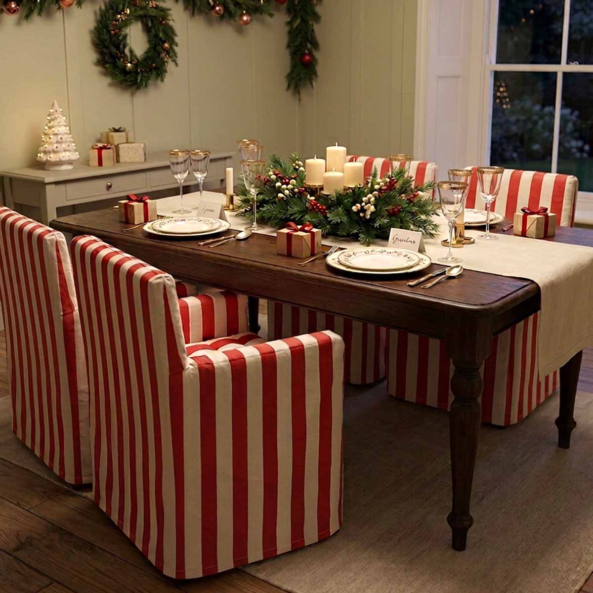 Red and off white striped cotton chair cover with coordinated red and off white  striped seat pads to transform a wooden directors chairs into comfortable indoor extra seating for christmas 