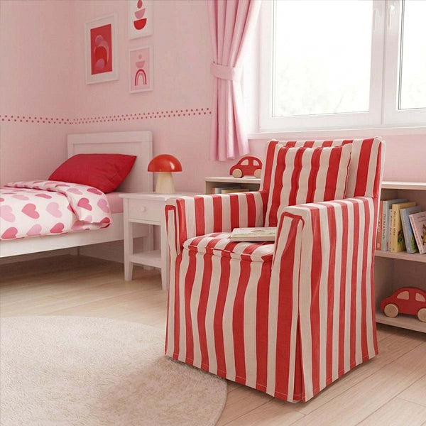 Red and off white striped cotton chair cover with matching red and off white striped seat pads to transform a wooden directors chairs into comfortable indoor seating