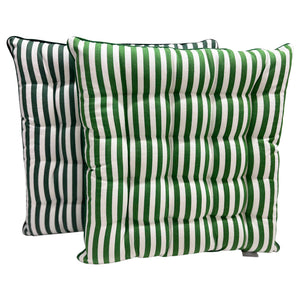 Two green and white striped seat pad cushions on a white background