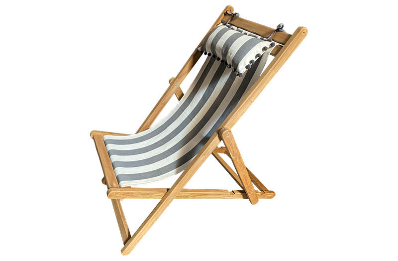 deckchair with headrest grey white stripes grey pom poms
