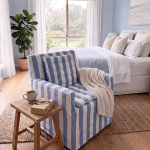 Sky blue and white striped cotton chair cover with coordinated striped sky blue and white seat pads to transform a wooden directors chairs into comfortable indoor seating