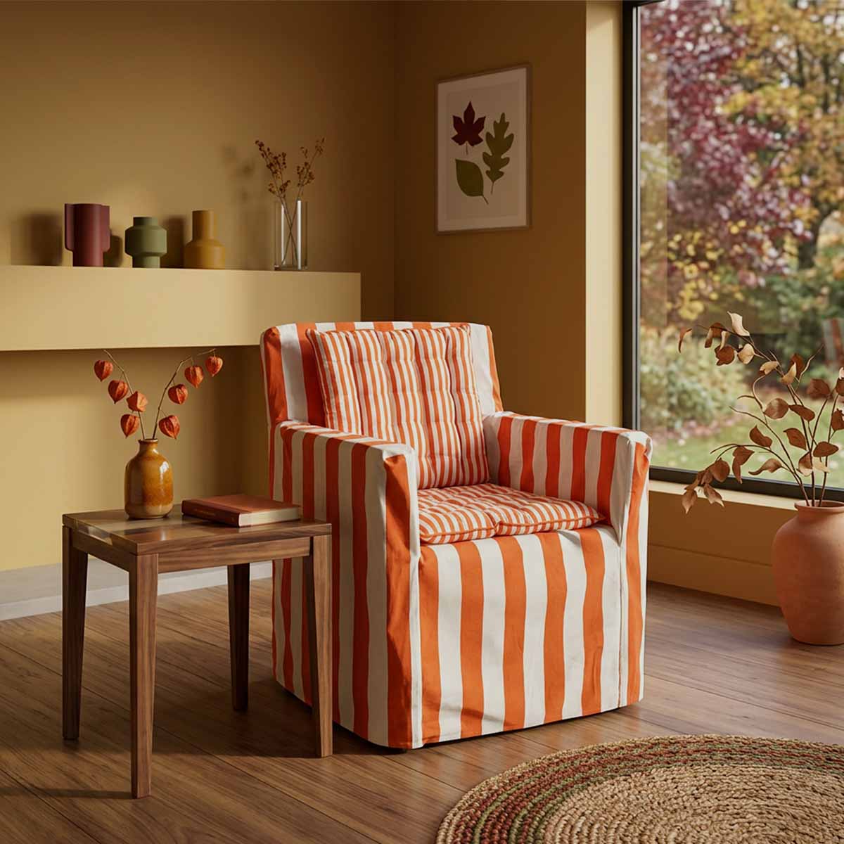 Wide orange and white striped fabric chair cover with coordinated thinner orange and white striped seat pads designed to transform an outdoor wooden directors chair into comfortable indoor seating