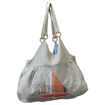 Linen Beach Bag with Vintage Boat Motif