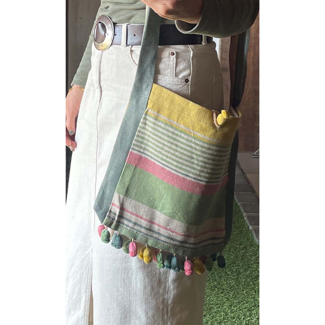 green stripe cross body bag linen