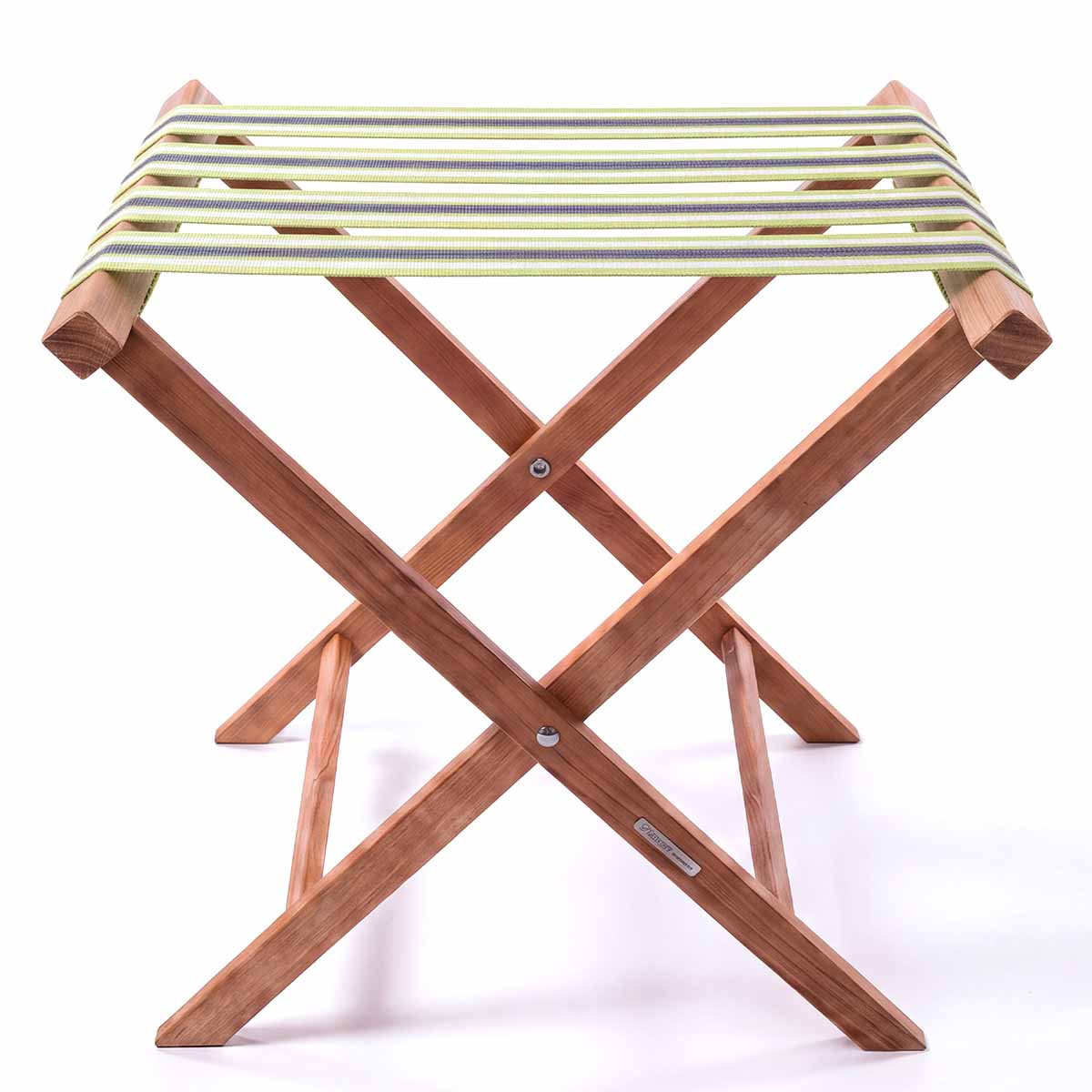 A folding luggage rack with a natural brown wood frame and strong webbing straps of light green, navy and white stripes