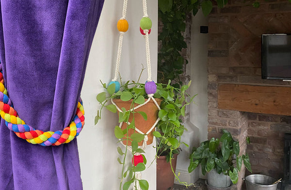 colourful macrame plant pot holder