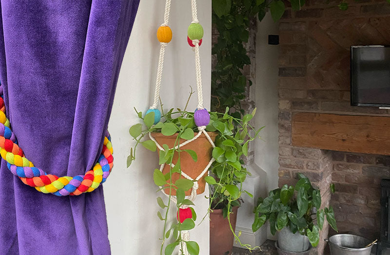 colourful macrame plant pot holder