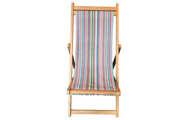 Wooden deck chair with multi striped fabric on a white background