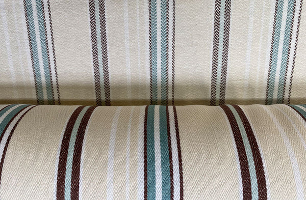 striped herringbone ticking brown, cream, beige and petrol blue