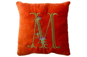 orange velvet alphabet embroidered cushions