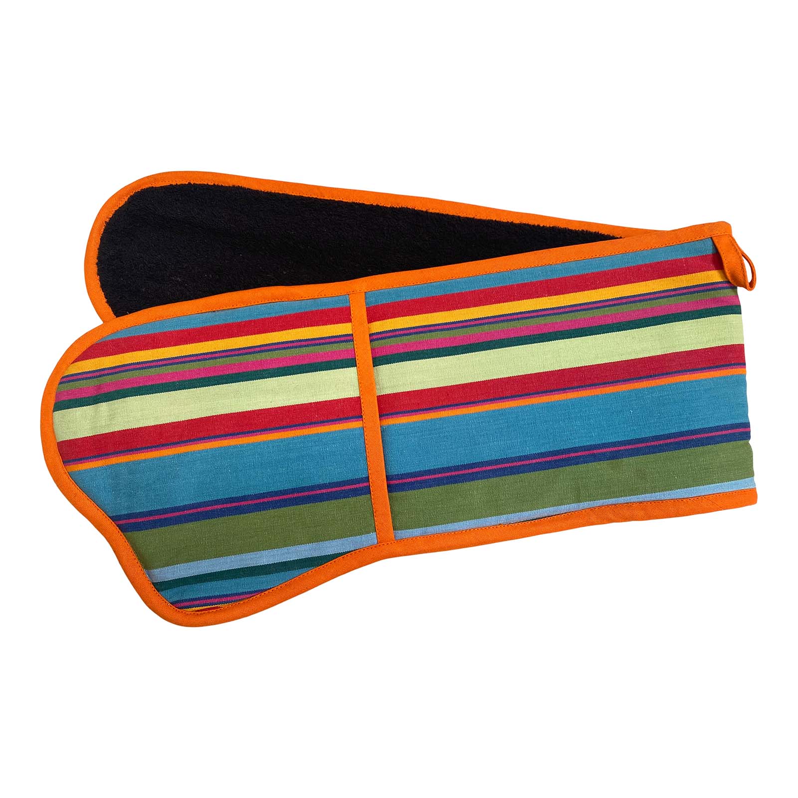 striped double oven gloves green red blue edged in orange