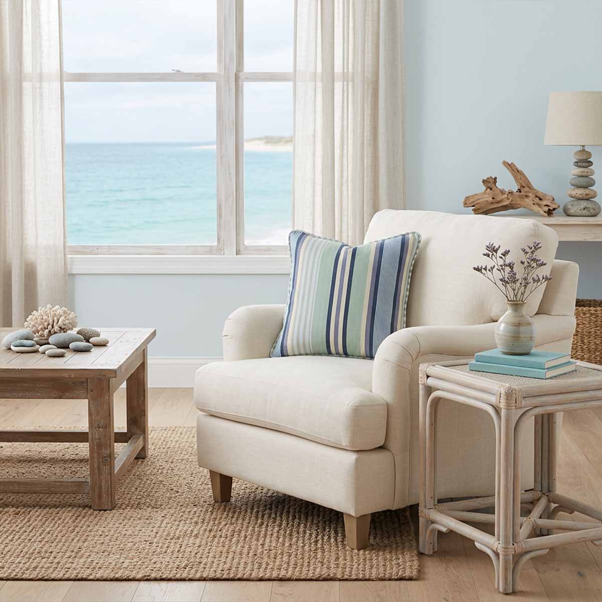 coastal living room styled with a blue and green striped cushion piped in celadon green and white stripes