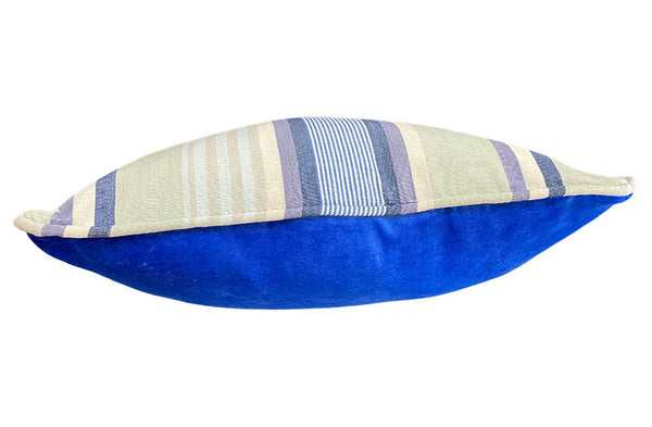 piped half n half  blue velvet stripe cushion