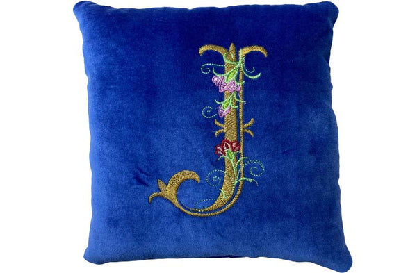small personalised cushion bright blue velvet