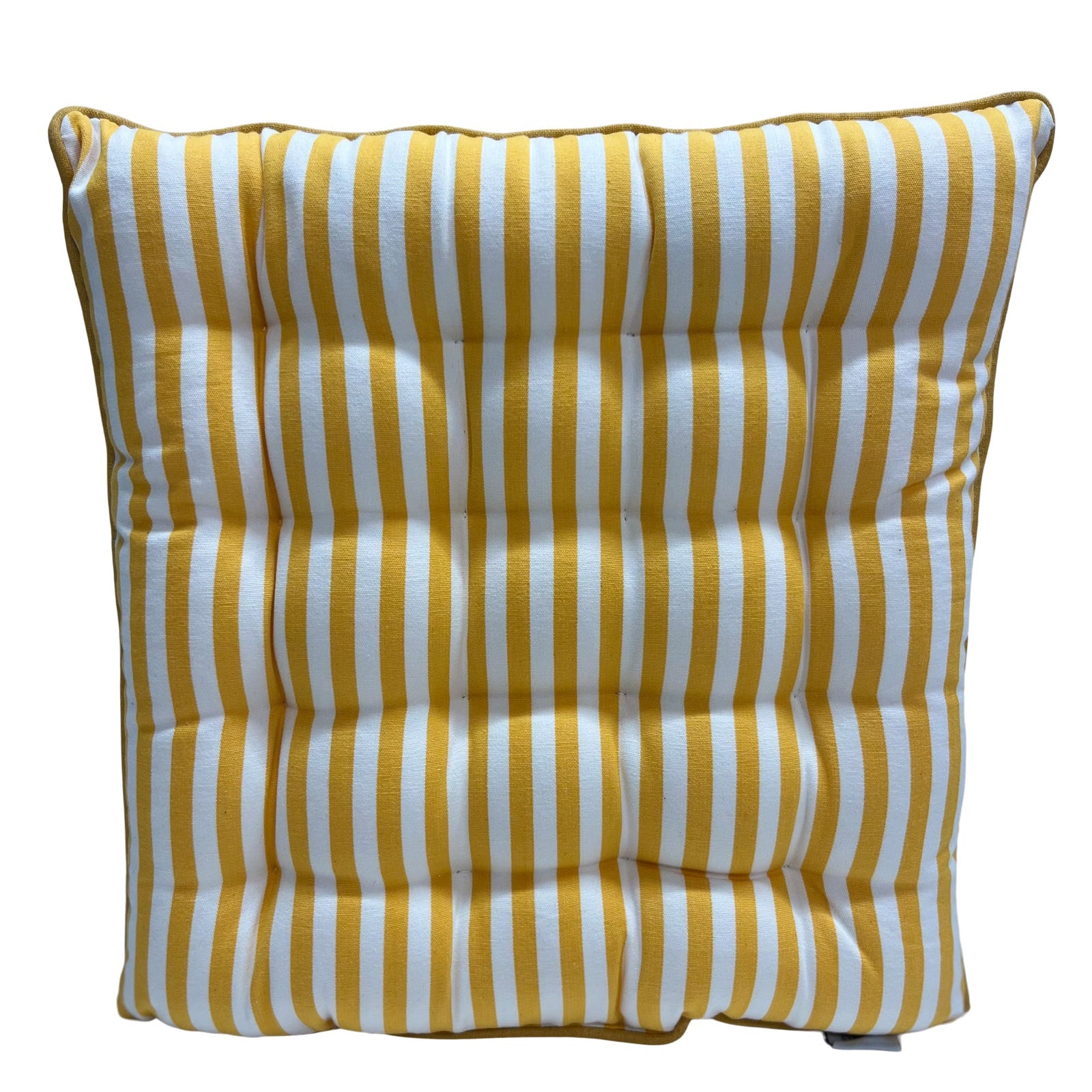 Yellow and white striped seat pad cushion on a white background