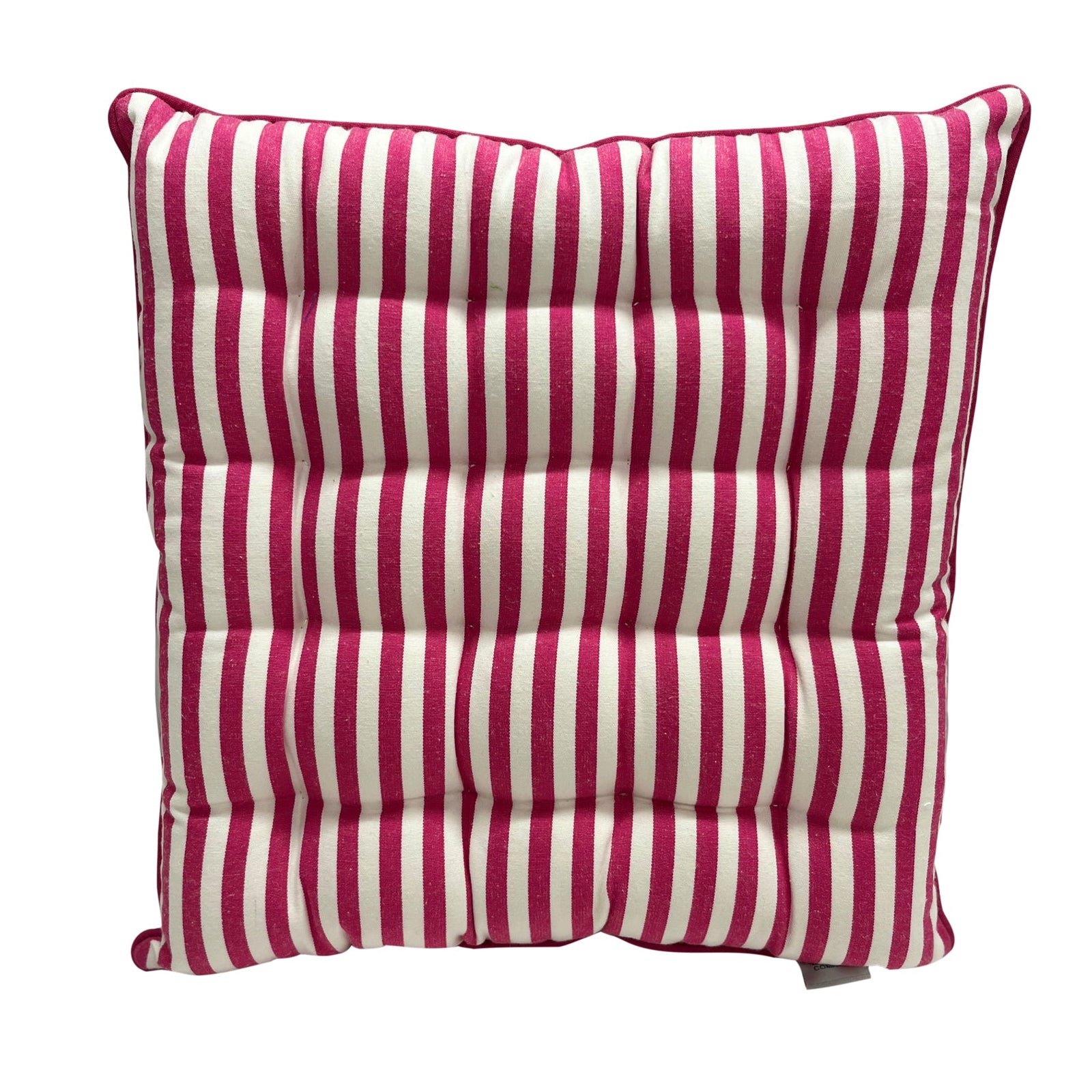 Magenta Pink and white striped seat cushion on a white background