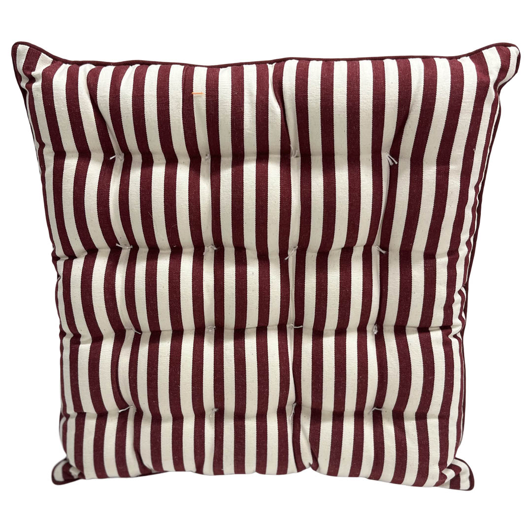 Striped seat pad cushion with burgundy and off white vertical stripes on a white background