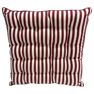 Striped seat pad cushion with burgundy and off white vertical stripes on a white background