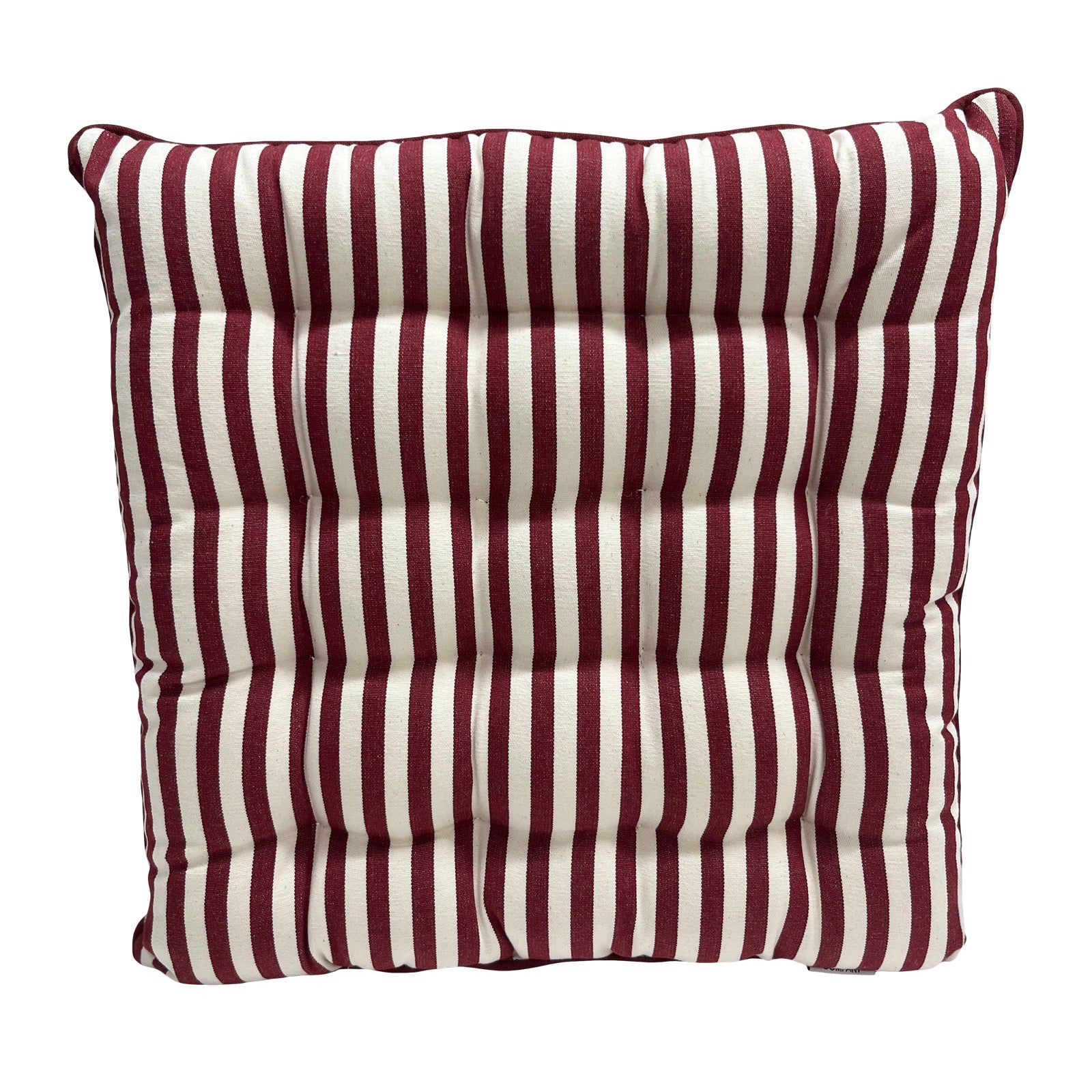 Striped cushion with morello cherry burgundy and off white pattern on a white background