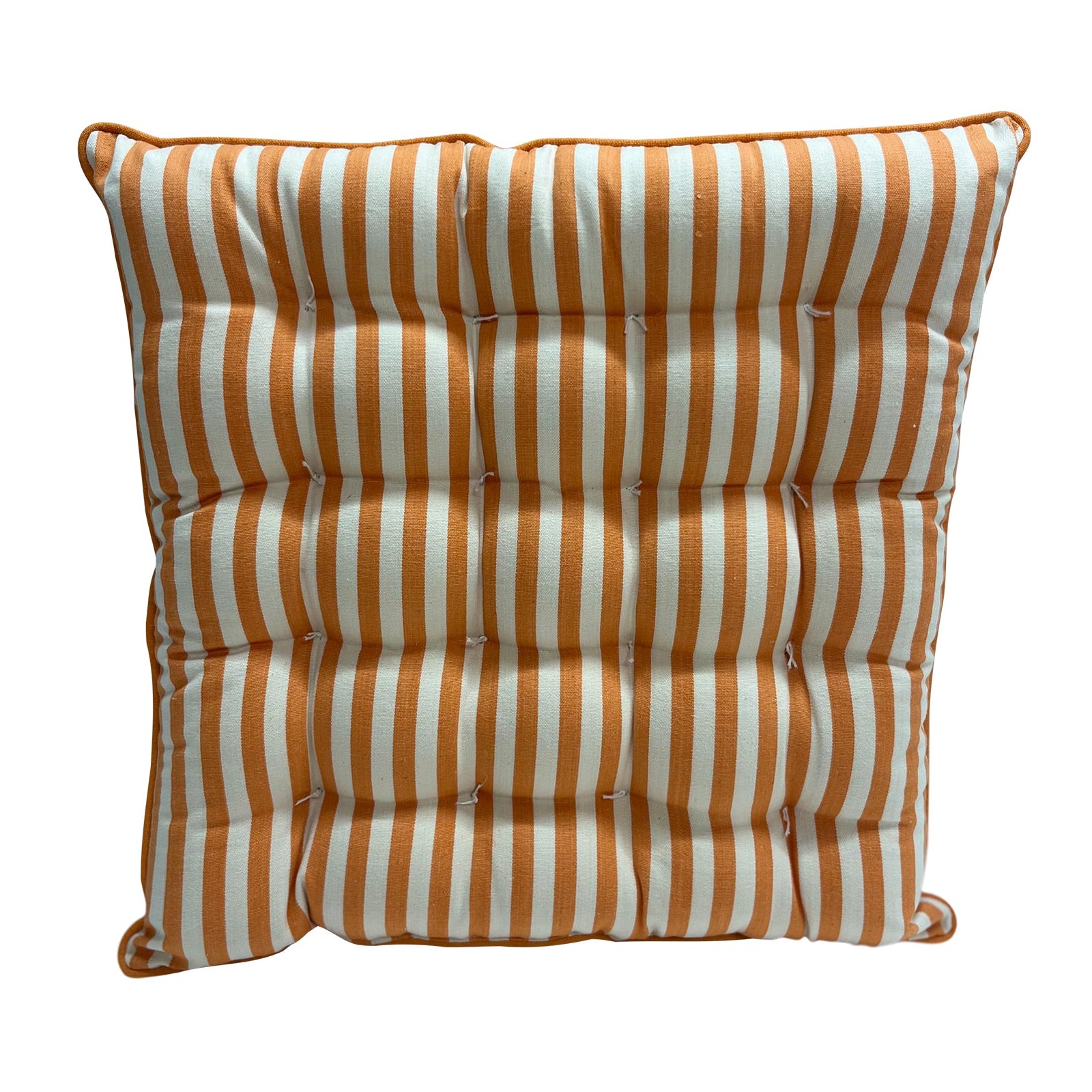 Striped seat pad with peachy orange and cream stripes back view