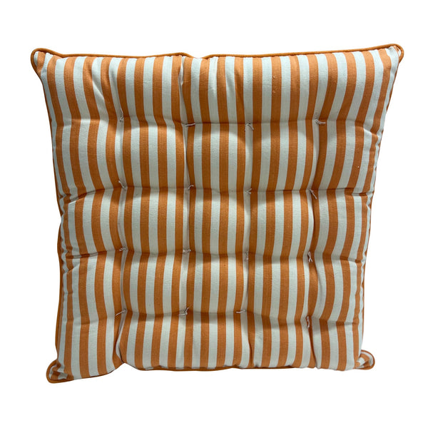 Striped seat pad with peachy orange and cream stripes back view