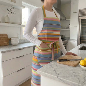 colourful striped apron with pockets in soft blues, pinks, lime green stripes