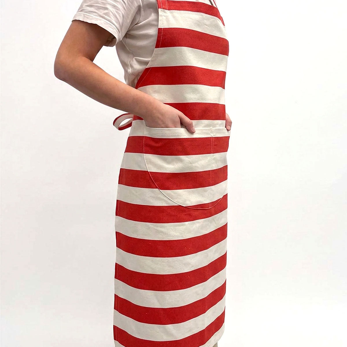 red and off-white striped apron