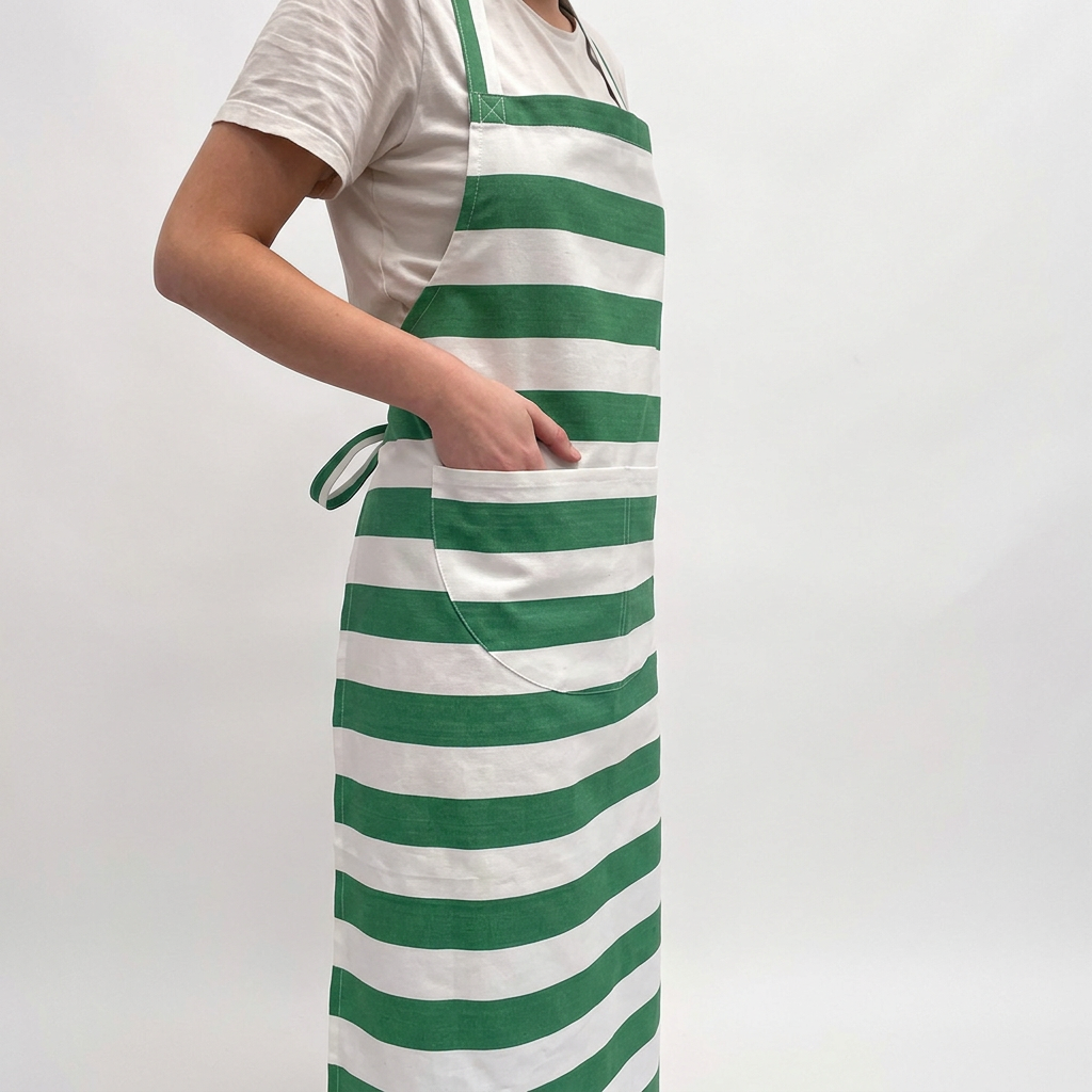 green and white striped apron with pockets