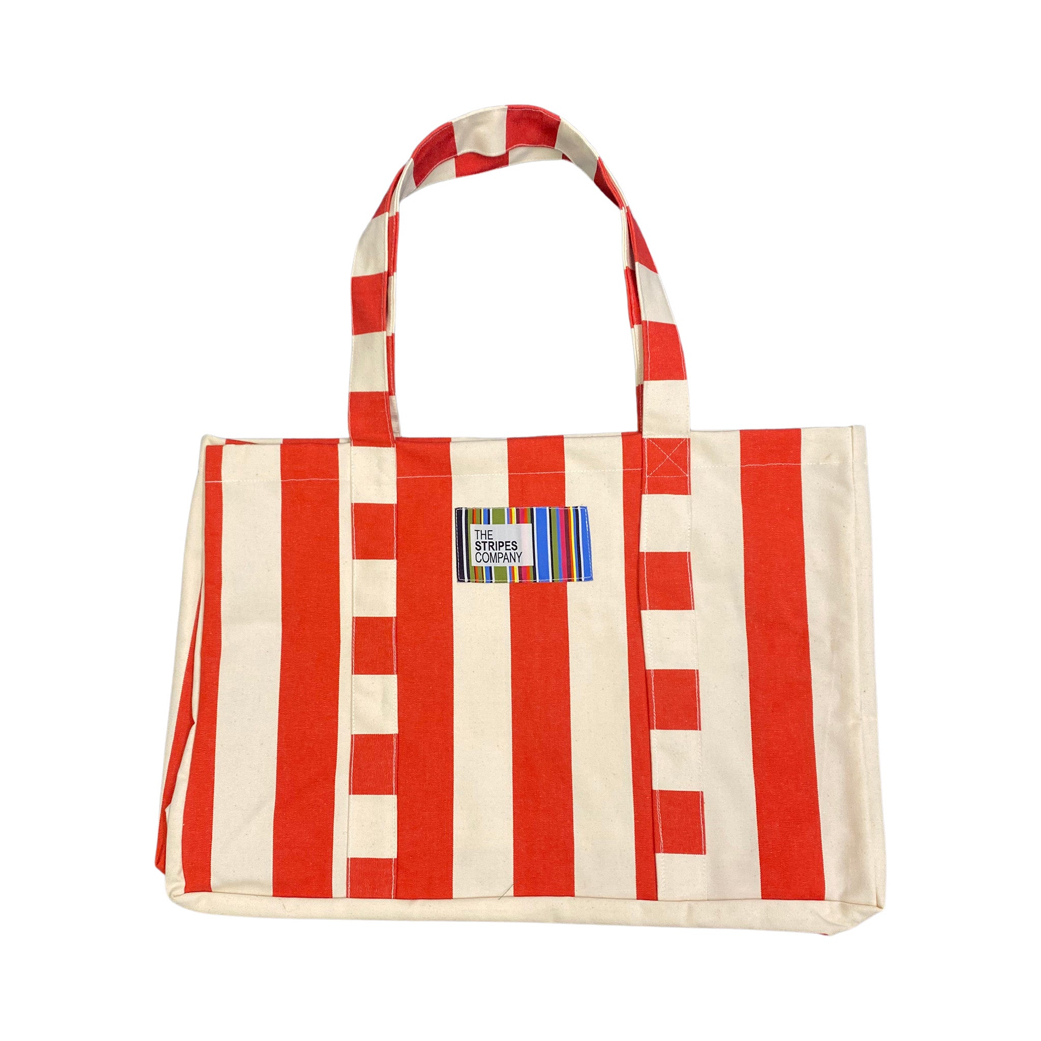 large red and white striped tote bag 