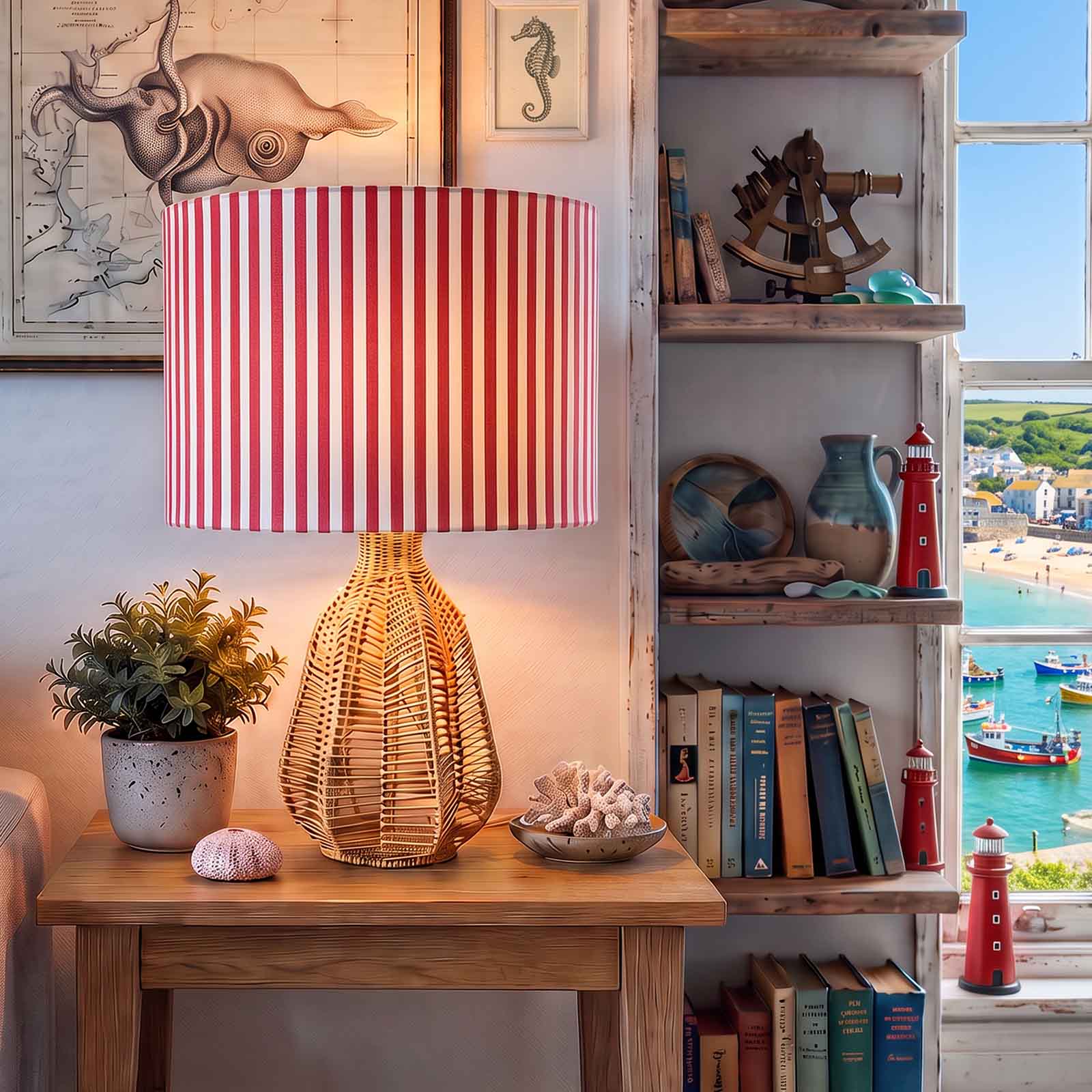 A coastal-themed table lamp with a red and white striped fabric drum shade and a woven rattan base, styled with nautical decor.