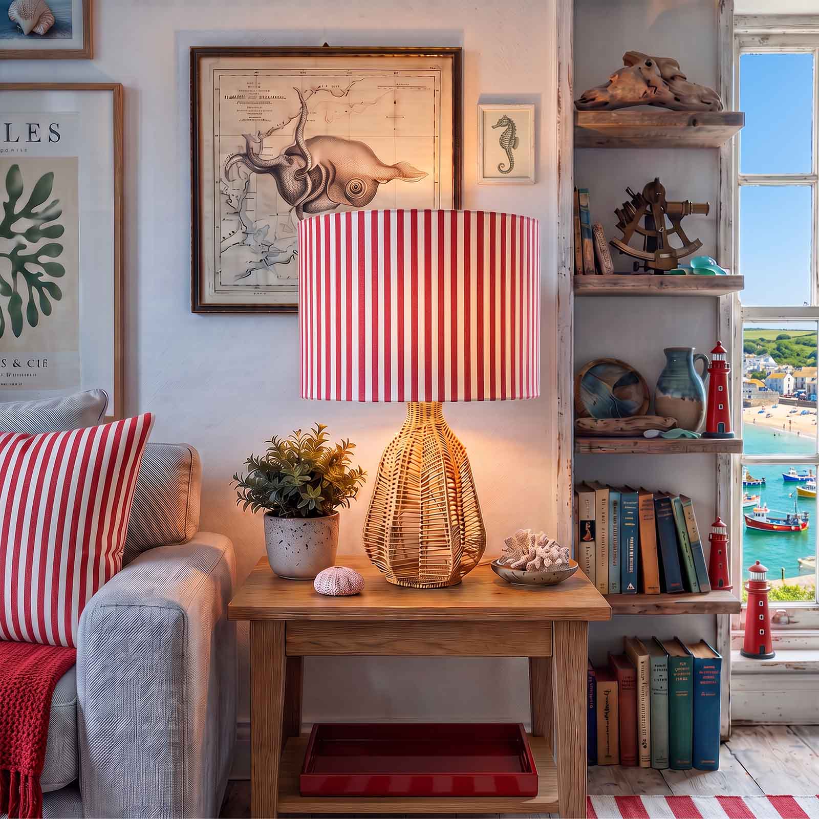 A red and white vertically striped fabric lampshade styled in a nautical-themed living room. with red accents