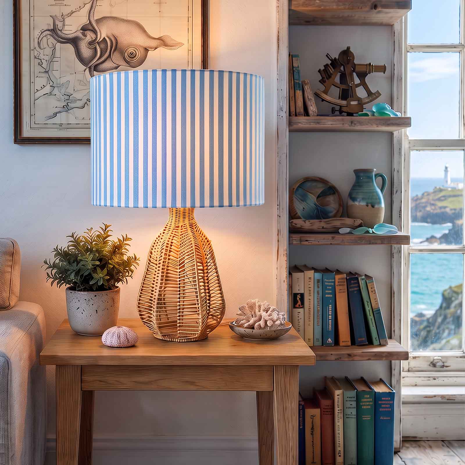 A coastal-style light blue and white striped fabric lampshade on a table lamp in a nautical-themed room with  a window overlooking the sea.