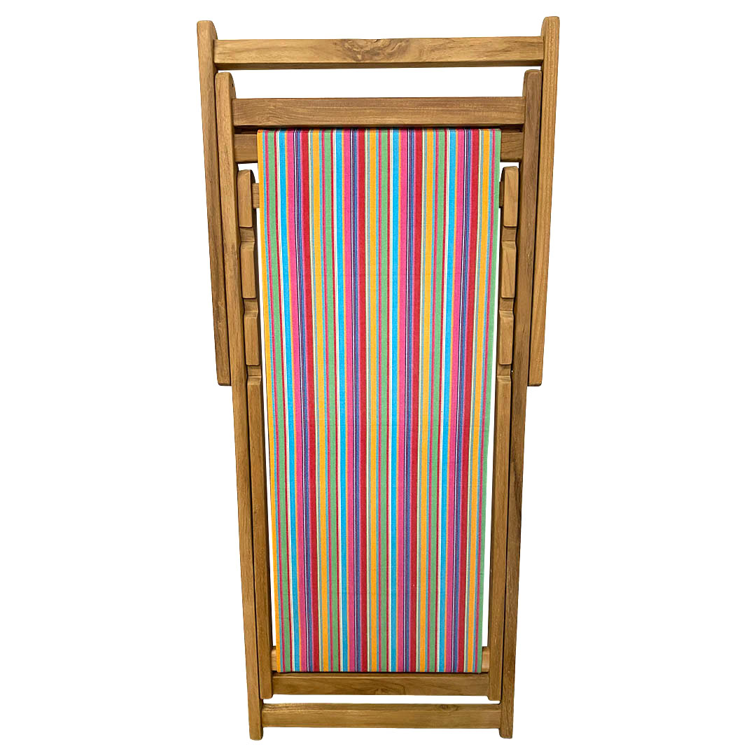 Wooden deck chair with a colorful striped seat on a white background