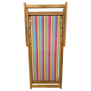 Wooden deck chair with a colorful striped seat on a white background