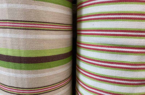 ticking fabric beige green pink stripes