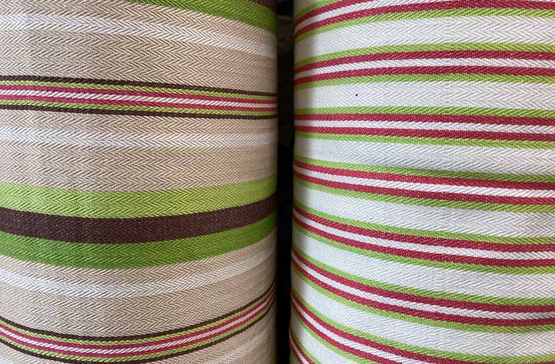 ticking fabric beige green pink stripes