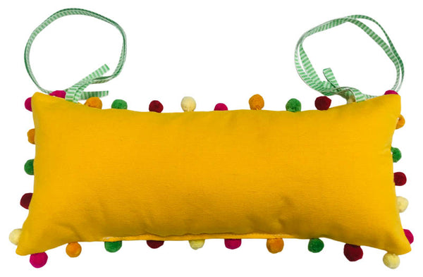 yellow headrest multicolour pompoms