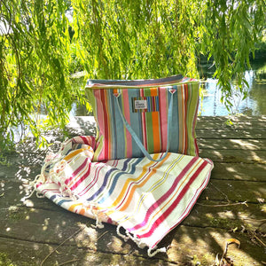 stripe zipped beach bag light blue and pink stripe