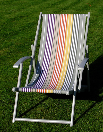 Vintage deckchair painted sage green covered in The Stripes Company Deckchair Fabric - Boules Stripe