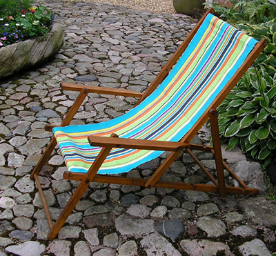 Vintage deckchair with arms covered in The Stripes Company Deckchair Fabric - Athletics Stripe