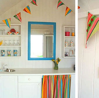 beach hut interior with striped fabric