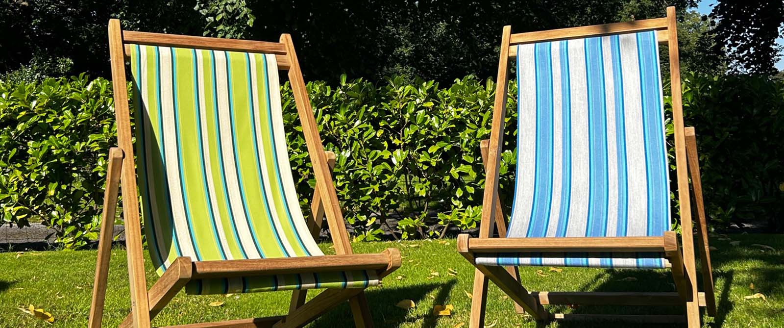 Lime Green, Beige, Dark Green Teak Deckchairs with water resistant slings