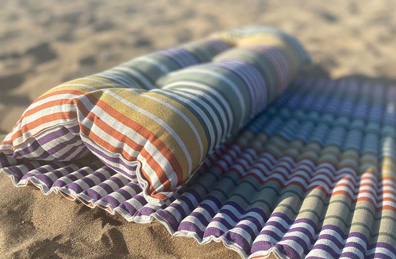 Roll Up Beach Mattress with Pillow Sage Green Stripe Beach Mat