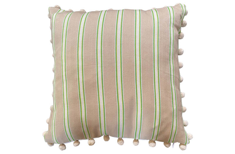 Beige and Green Striped Ticking Pompom Cushions