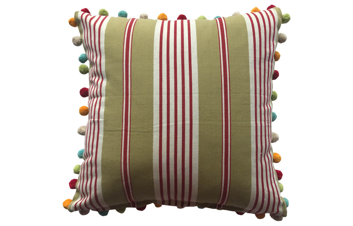 Olive Green, Red and White Striped Pompom Cushions