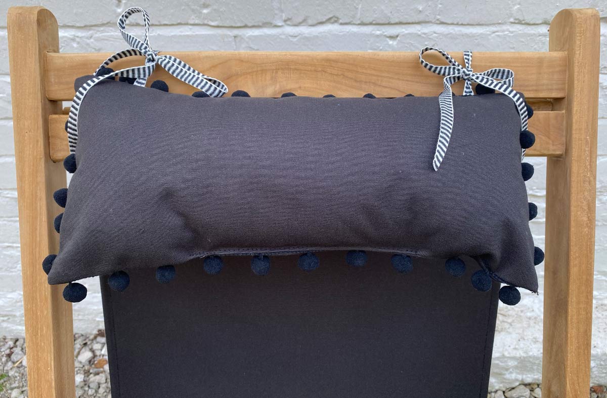 Black Deckchair Headrest Cushions | Black Tie on Pompom Headrest Pillow