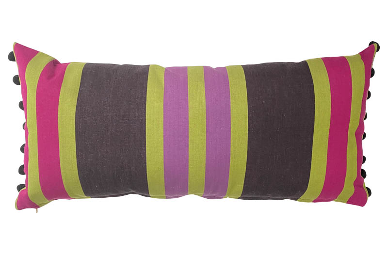 Black, Lime Green, Pink Striped Oblong Cushions with Bobble Fringe